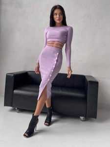 Elegant light purple ribbed knit two-piece dress set with tie-waist top and slit skirt
