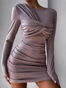 Women Sexy Ruched Long Sleeve Mini Dress Twist Knot Bodycon Slim Fit Solid Color Autumn Party Night Club Dress