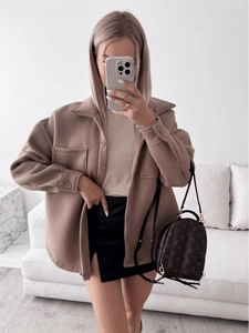 Oversized brown wool blend shacket with lapel collar and chest pockets for women