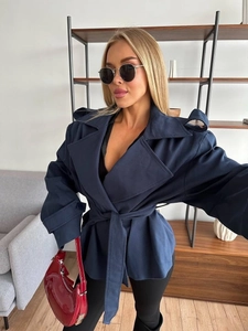 Women's navy blue short wrap coat with waist tie and lapel collar for elegant winter style
