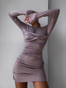 Sexy mauve long sleeve bodycon dress with elegant twist knot and side ruched detailing