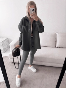 Women's oversized wool blend shacket in olive green with chest pockets and button closure
