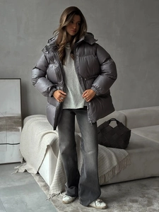 Deep grey shiny hooded puffer jacket with drawstring waist for winter comfort and warmth