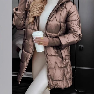 Détails de la veste d'hiver à capuche avec matelassage en étoile et tissu bronze métallique