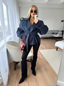 Navy blue short belted trench jacket with lapels and waist tie for women