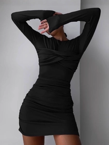 Slim fit black long sleeve mini dress with twist front detail and ruched textures