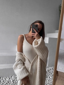 Women's cream white cable knit cardigan and camisole two-piece set with large buttons