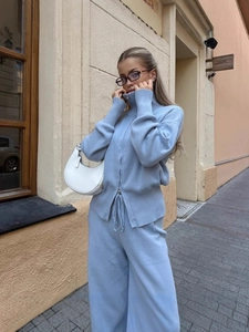 Completo in Maglia da Donna Maglione con Collo Alto a Zip e Pantaloni a Gamba Larga Tinta Unita Casual Loungewear Autunno Inverno