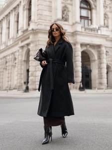 Women Mid-Long Woolen Coat Elegant Suit Collar Loose Belted Waist Overcoat Casual Fashion Autumn Winter Outwear Jacket