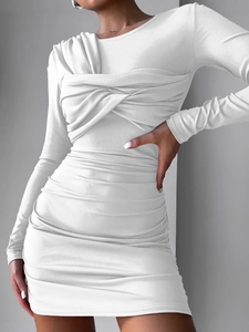 Sexy white long sleeve ruched bodycon dress with crisscross twist detail for women