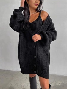 Women's black knit two-piece set featuring long cardigan and matching vest top