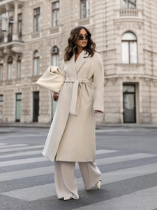 Elegant oatmeal wool blend long coat with waist tie and notched lapels for women