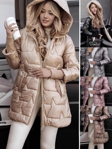 Veste Matelassée à Capuche pour Femme Effet Métallique Matelassage Étoile Parka Rembourrée Manches Longues Manteau d'Hiver Décontracté