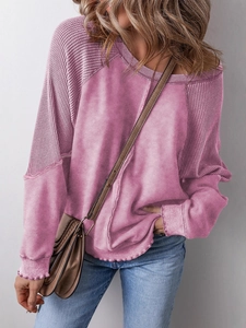 Women's pink waffle knit long sleeve t-shirt with textured patchwork and relaxed fit