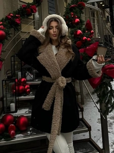 Women's chic black and brown wool coat with warm sherpa collar and belted waist design