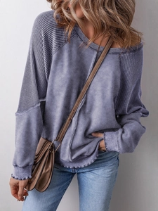Purple patchwork sweatshirt with waffle knit texture sleeves and washed finish fabric