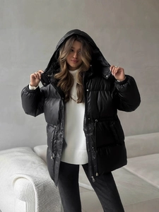 Slim fit hooded black puffer jacket with adjustable drawstring waist and glossy finish