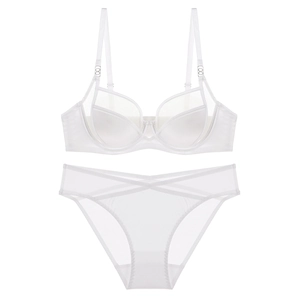 White French style mesh lingerie set with sleek seamless bra and crisscross lace panties