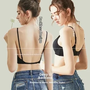 Detalle de sujetador negro con espalda en U y caída de 12 cm inferior para moda sin espalda