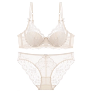Elegante conjunto de lencería de encaje marfil con sujetador de lazo y braguita