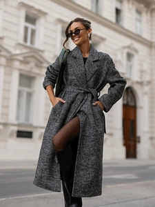 Women's elegant grey herringbone wool coat with waist tie and classic lapel collar