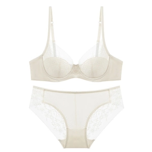 Detailed flat lay of white lace lingerie set with floral embroidery and mesh cups