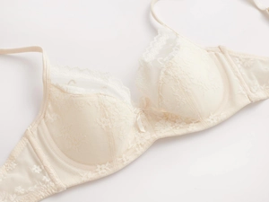 Detail of elegant beige lace bra with delicate floral patterns and soft eyelash edges
