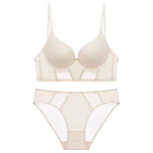 Detalle del conjunto de sujetador push-up color piel con elegantes inserciones de malla