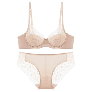 Lace embroidery lingerie set in nude pink with wired bra and matching panties
