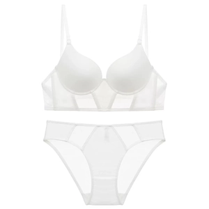 Conjunto de sujetador y braga blanco sin costuras estilo francés con paneles de malla