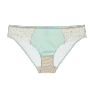 Lace embroidery panties in mint green and beige with breathable mesh and satin texture