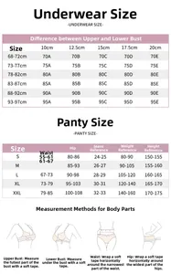 Detailed size chart guide for lace lingerie set including bra and panty measurements