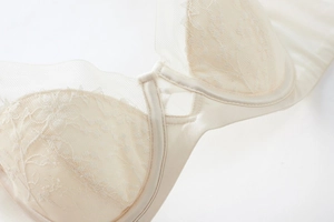 Detail of delicate beige floral lace and breathable mesh on a soft underwired bra