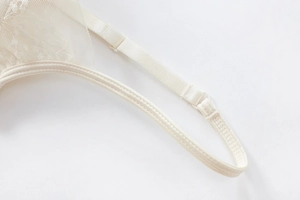 Detailed close-up of ivory lace cups and adjustable straps on an elegant bra set