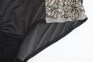 Detail of floral embroidery on sheer mesh and silk-like fabric of these low-rise panties