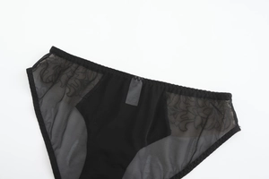 Detail of sheer black mesh panties featuring intricate floral embroidery on the side panels