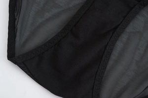 Detail of black mesh lace panties showing high-quality stitching and breathable fabric texture