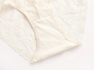 Close-up of beige floral lace pattern and soft cotton crotch on women's underwear