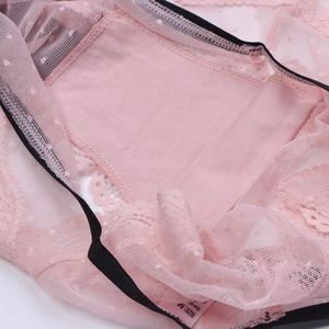 Detailansicht der rosa Netzspitzenslip mit schwarzem Besatz und Punktmuster