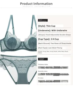 Close-up of sheer lace embroidery and 3/4 cup detail on this blue lingerie set