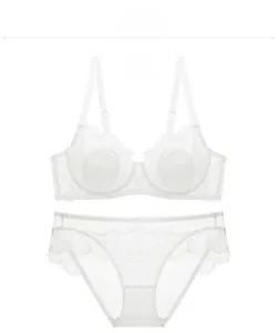 Flat lay of white floral lace lingerie set featuring a wired bra and matching briefs