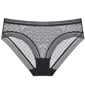 Bragas sexys de malla transparente negra con encaje y entrepierna de algodón puro