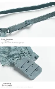 Detail of adjustable straps and 3-hook eye closure on grey eyelash lace bra