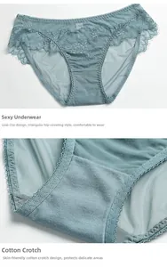 Detailed close-up of blue eyelash lace panties with breathable cotton crotch lining