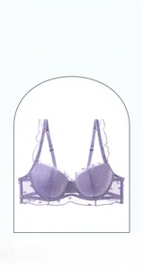 Detail view of light purple lace bra with heart embroidery and ruffled strap decoration