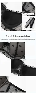 Detail view of heart-patterned black lace mesh and ruffled trim on a French-style bra