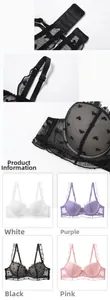 Close-up of lace mesh bra details showing heart embroidery and adjustable back straps