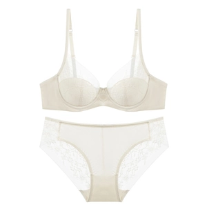 Ivory white lace lingerie set with semi-transparent floral embroidery and soft underwire bra