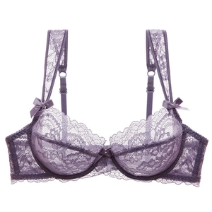 Elegant purple sheer lace bra with floral patterns and underwire support on white background