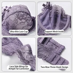 French lace sheer unlined bra in lilac purple with floral embroidery and wide wings